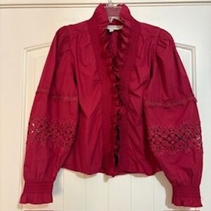 Love the Label Womens XS Berry Red Cotton Ruffle Eyelet Lace Smocked Blouse Top